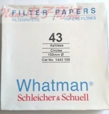 英国Whatman 1443-150，Grade 43无灰级定量滤纸，16 μm，15CM